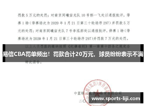 易信CBA罚单频出！罚款合计20万元，球员纷纷表示不满